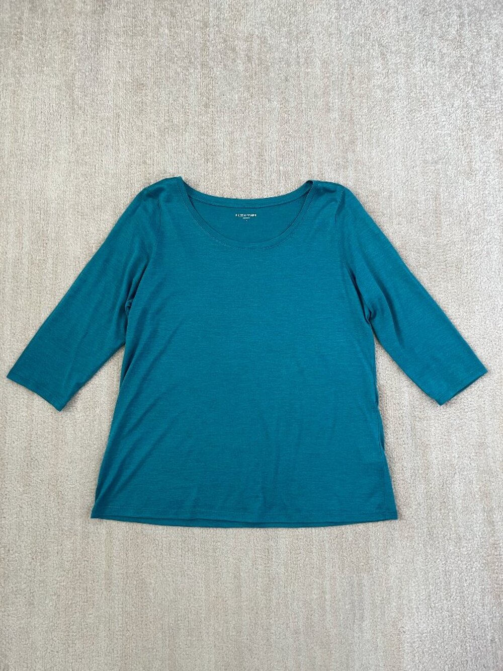 Eileen Fisher Silk Cotton 3/4 Sleeve Knit Top Teal Blue L
